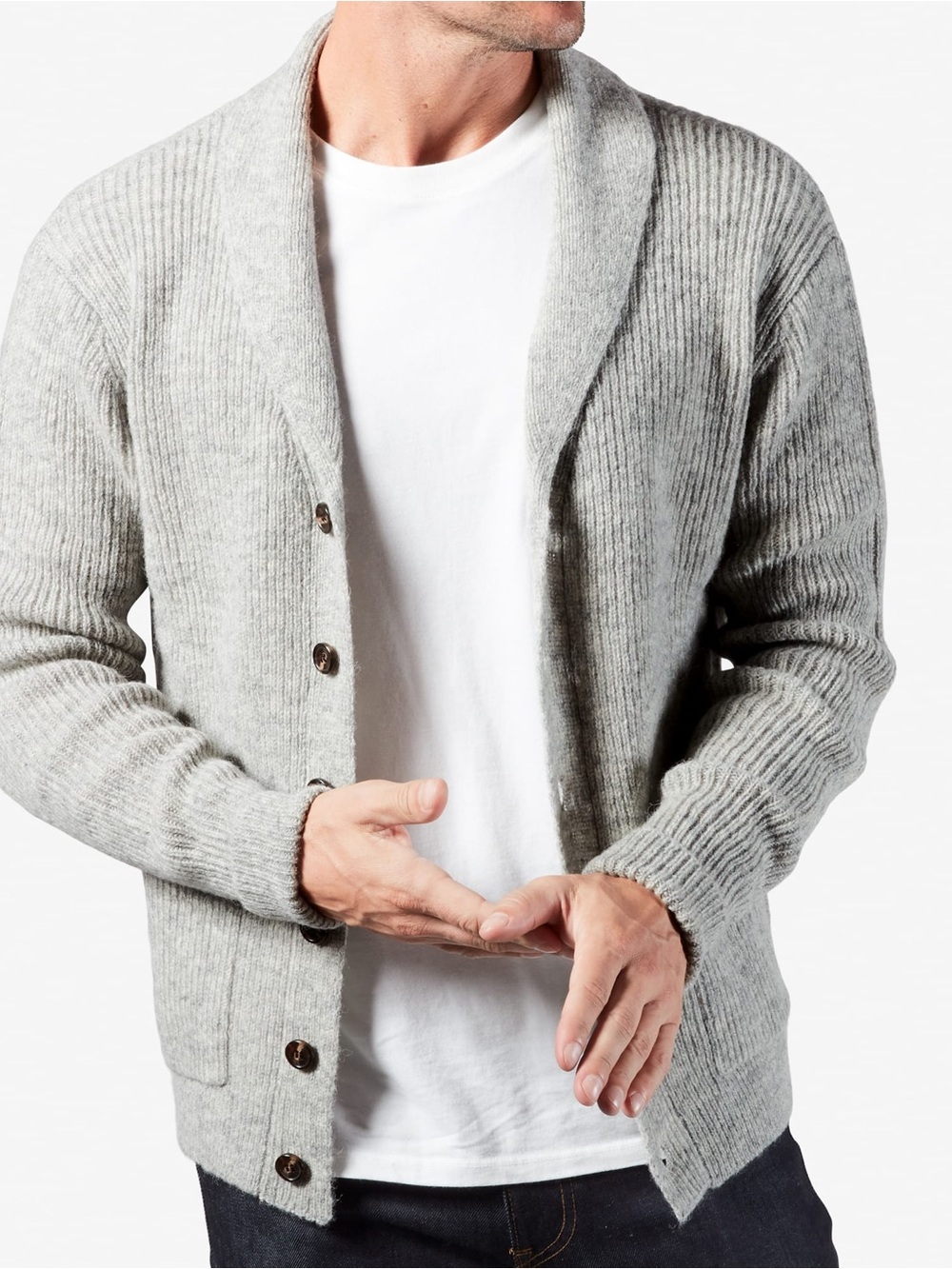 Line of Trade The Dockside Shawl Shetland Wool Cardigan medium ash gray grandpa